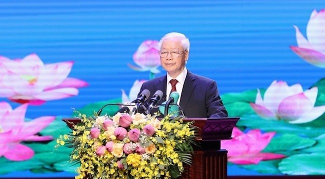 Генеральный секретарь ЦК КПВ Нгуен Фу Чонг выступает на церемонии. Фото: VGP